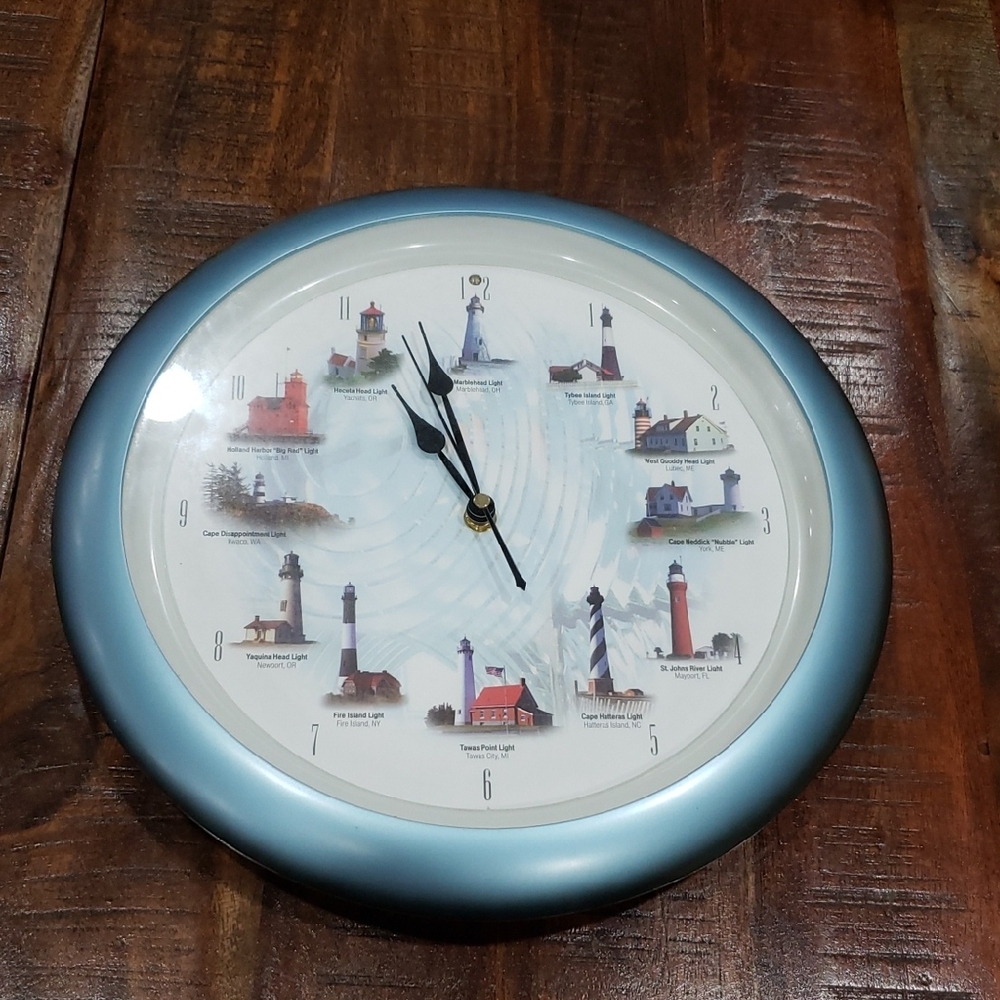 Retro Blue Wall Clock with Lighthouse Design